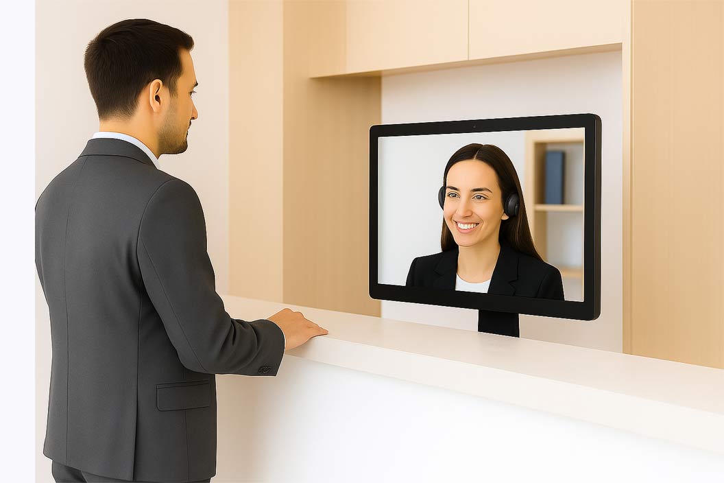 Bezoeker bij balie met live video receptie